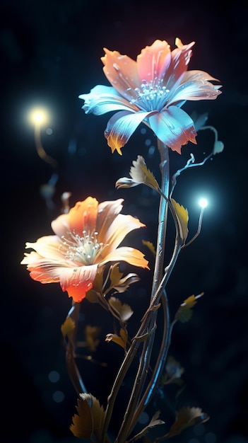 a glowing flowers with bright lights on them on a dark background