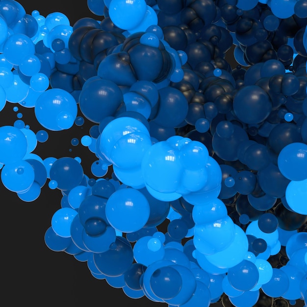 Glowing and flying spheres with dark background 3d rendering