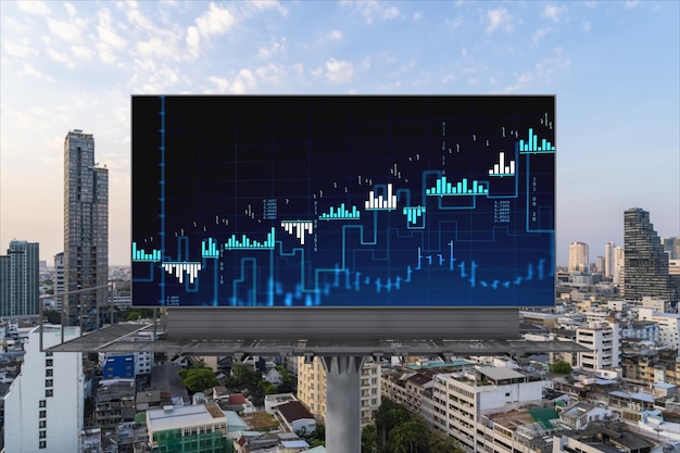Glowing FOREX graph hologram on billboard aerial panoramic cityscape of Bangkok at sunset Stock and bond trading in Southeast Asia The concept of fund management