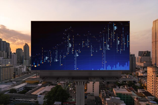 Glowing FOREX graph hologram on billboard aerial panoramic cityscape of Bangkok at sunset Stock and bond trading in Southeast Asia The concept of fund management