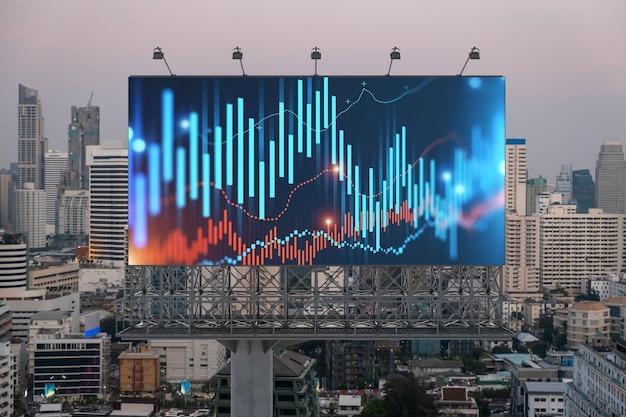 Glowing FOREX graph hologram on billboard aerial panoramic cityscape of Bangkok at sunset Stock and bond trading in Southeast Asia The concept of fund management