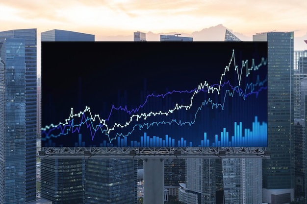 해질녘 싱가포르의 빌보드 공중 파노라마 도시에 빛나는 FOREX 그래프 홀로그램 펀드 관리 개념의 동남아시아 주식 및 채권 거래