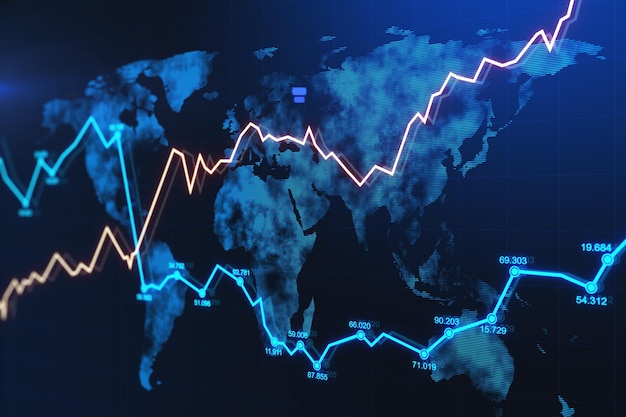 Glowing forex graphic on dark background with map Trade and market concept 3D Rendering