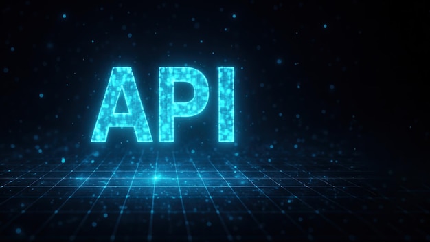 A glowing fragmented api text surrounded by a grid of blue particles with a dark background application programming interface api api programming