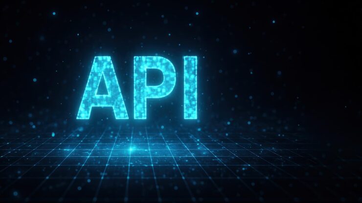 Photo a glowing fragmented api text surrounded by a grid of blue particles with a dark background application programming interface api api programming