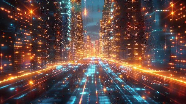 複雑な量子コンピューティングコアとデータストリームで輝く未来的な都市景色