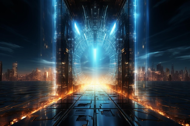 Glowing futuristic gateway Binary code enters through neon lit open door