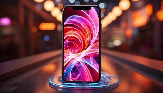 glowing futuristic nightclub illuminated by colorful lighting equipment celebrates creativity generated by artificial intelligence