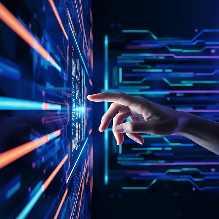 A glowing futuristic screen being touched by a human hand light beams emanating