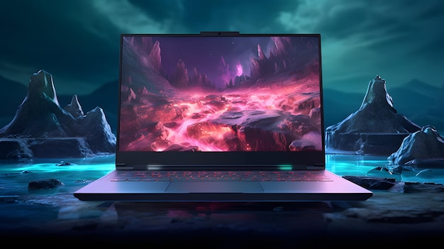 Glowing gaming laptop with fantasy 3D effects