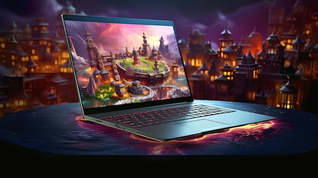 Glowing gaming laptop with fantasy 3D effects