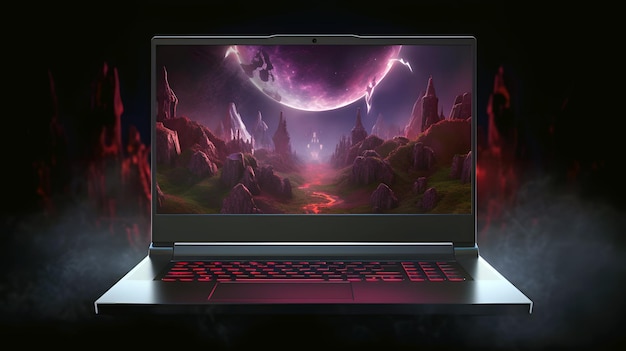 Glowing gaming laptop with fantasy 3D effects