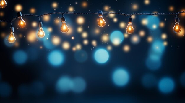 Glowing garland of lights celebrates the Christmas holiday Bokeh lights on dark blue background