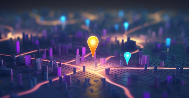 A glowing geolocation marker on a map of a nighttime city