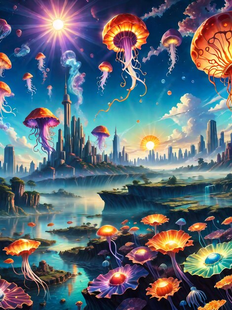 Glowing giant mushroom forest psychedelic fantasy of surrealism