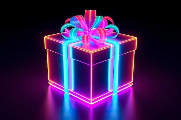 Glowing gift box in neon style on a black background