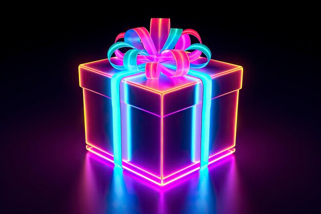 Foto scatola regalo luminosa in stile neon su sfondo nero