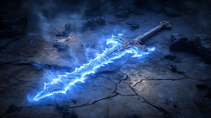 Photo glowing glacial greatsword on cracked earth