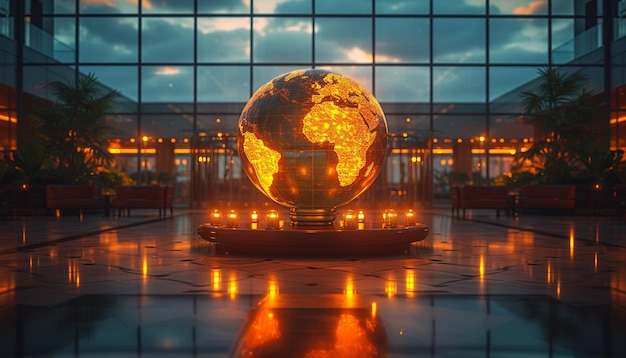 glowing Glass globe inside the airport terminal