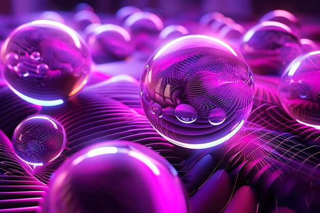 Photo glowing glass spheres on purple laser engraved patterns