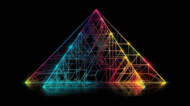 Glowing Glitch triangle on black background with laser grid with Generative AI Technology