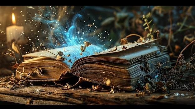 Photo the glowing glittered magical book that turning multiple pages in dream aigx