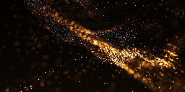 Glowing gold sparkles in light, golden glitter particles background