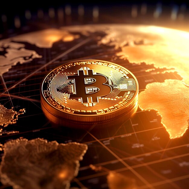 Photo glowing golden bitcoin on the golden world map art on a dark