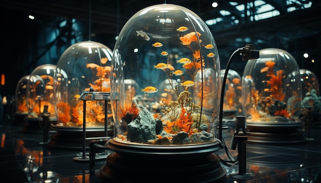 Glowing goldfish in a transparent jar illuminate the dark indoors generated by artificial intelligence