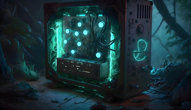 Glowing gpu crypto mining rig In the middle of an ancient temple generative ai