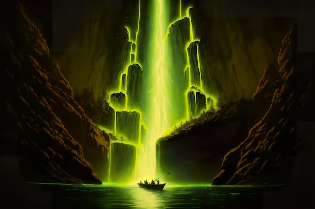 Glowing green waterfall in the cave