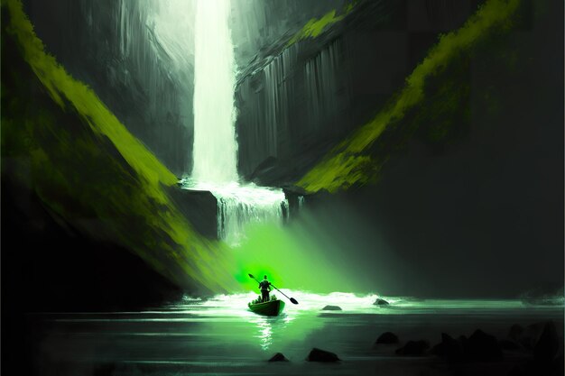 Glowing green waterfall in the cave