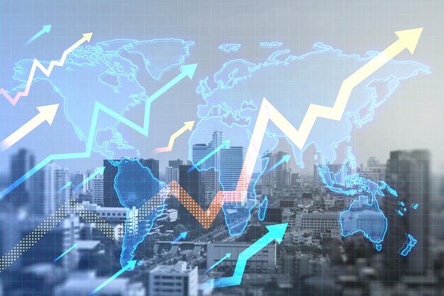 ぼやけた街の背景に輝く成長矢印と地図成長の成功とお金のコンセプト二重露光