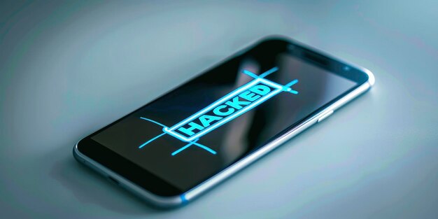 Foto glowing hacked text op het scherm van een mobiele telefoon in close-up