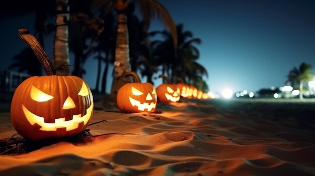 Photo glowing halloween pumpkin on the beach at night party horror fear