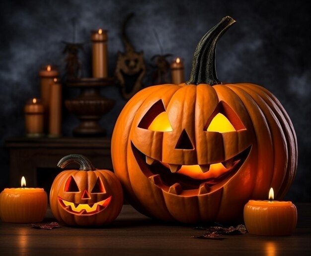 Glowing halloween pumpkin and candles on dark background