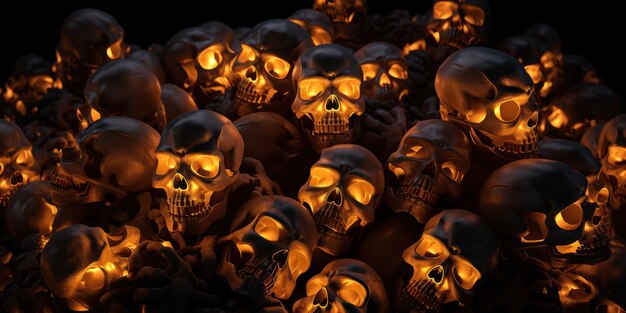 Glowing Halloween schedels stapel in griezelige duisternis AI Generative