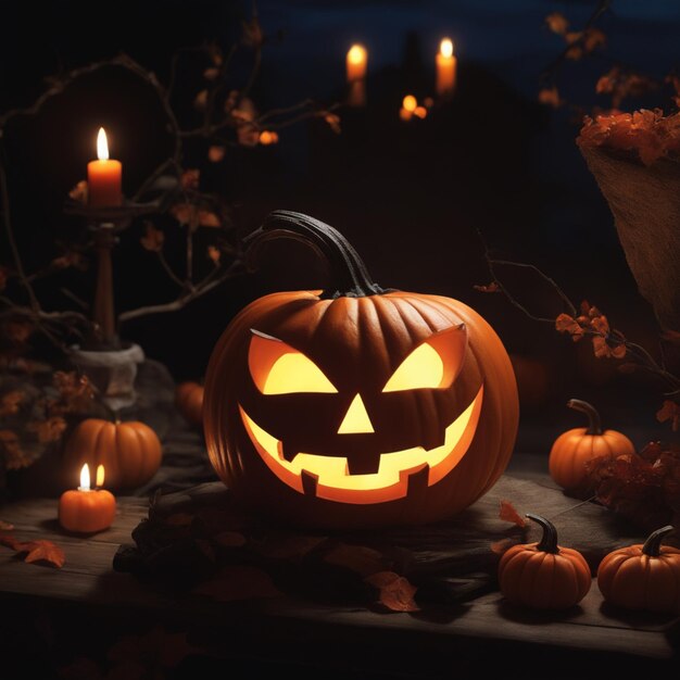 빛나는 할로윈 분위기 Jacko'Lanterns 및 호박 장식