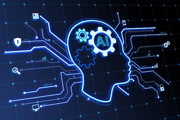 glowing head outline on blurry dark grid backdrop ai and chart gpt concept 3d rendering