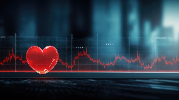 Glowing heart over a digital ECG line on a futuristic dark background