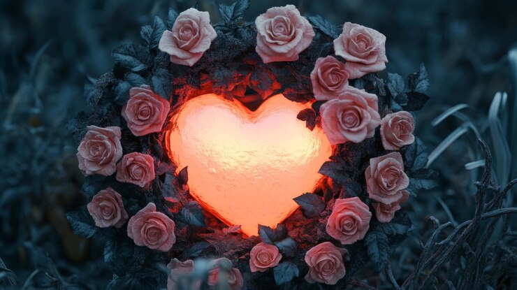 Photo glowing heart encircled by roses in a dark setting