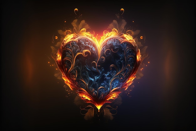 Glowing heart with flowers and flame in the center, abstract art