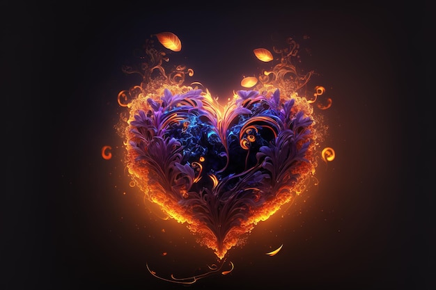 Светящееся сердце с цветами и пламенем в центре, абстрактное искусство