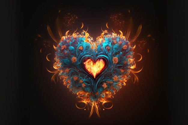 Glowing heart with flowers and flame in the center, abstract art