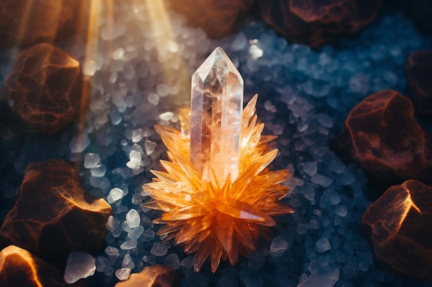 A glowing hexagonal shaped quartz crystal on a pile of rocks illuminated by sunlight