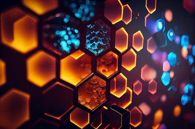 Glowing hexagons provide an abstract glow backdrop