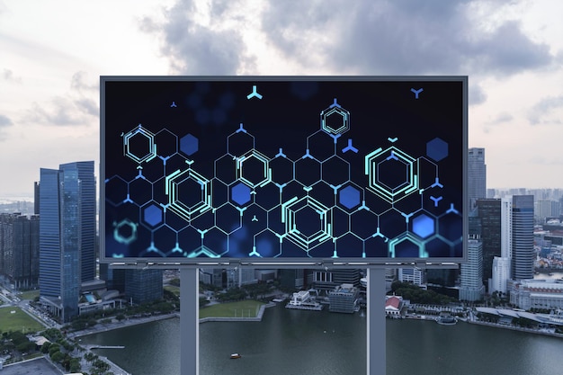 사진 일몰에 싱가포르의 빌보드 공중 파노라마 도시에서 기술 프로세스의 빛나는 홀로그램 동남아시아에서 가장 큰 혁신적인 기술 서비스 허브
