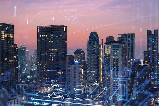 glowing hologram of technological process aerial panoramic cityscape of bangkok at sunset the largest innovative hub of tech services in southeast asia multi exposure
