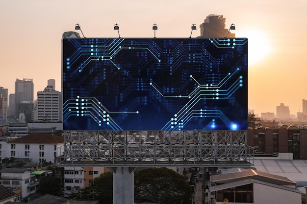 Glowing hologram of technological process on billboard aerial panoramic cityscape of Bangkok at sunset The largest innovative hub of tech services in Southeast Asia