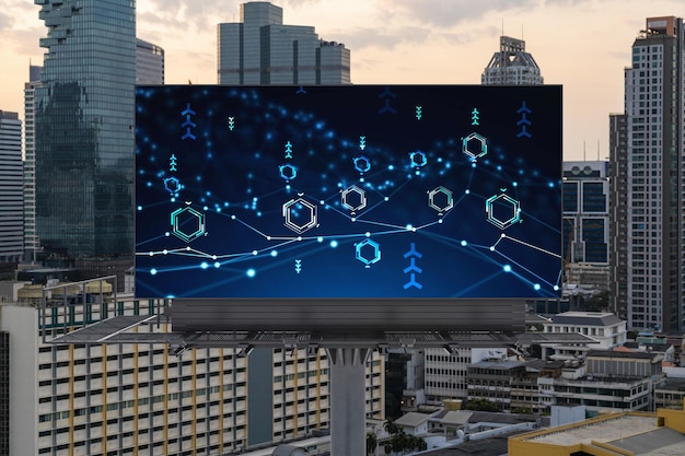Glowing hologram of technological process on billboard aerial\
panoramic cityscape of bangkok at sunset the largest innovative hub\
of tech services in southeast asia